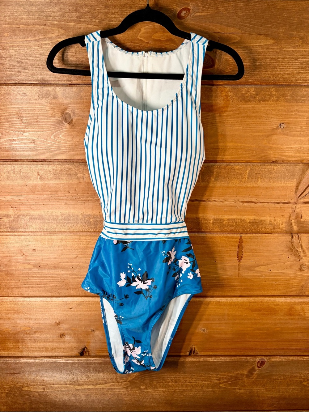 Blue Striped & Floral Waist-Detail One-Piece Swimsuit
